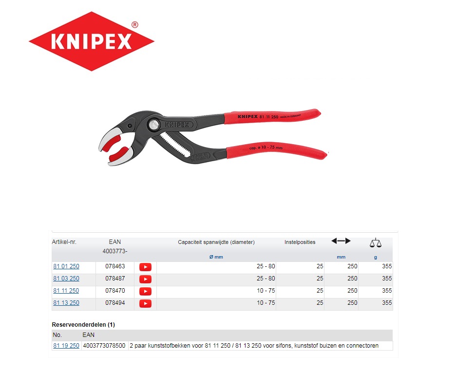 Sifon- en connectortang Knipex 81 01 250 | DKMTools - DKM Tools