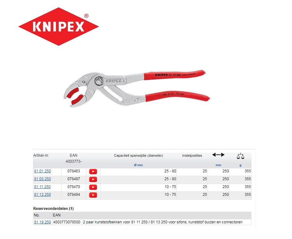 Sifon- en connectortang Knipex 81 01 250 | DKMTools - DKM Tools