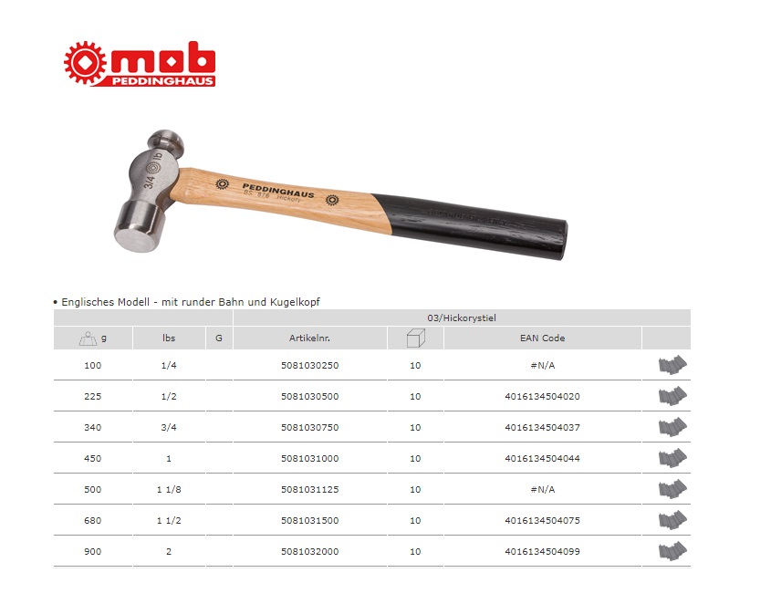 Bolbankhamer 250 Gram 1/2 LBS met hickorysteel | DKMTools - DKM Tools