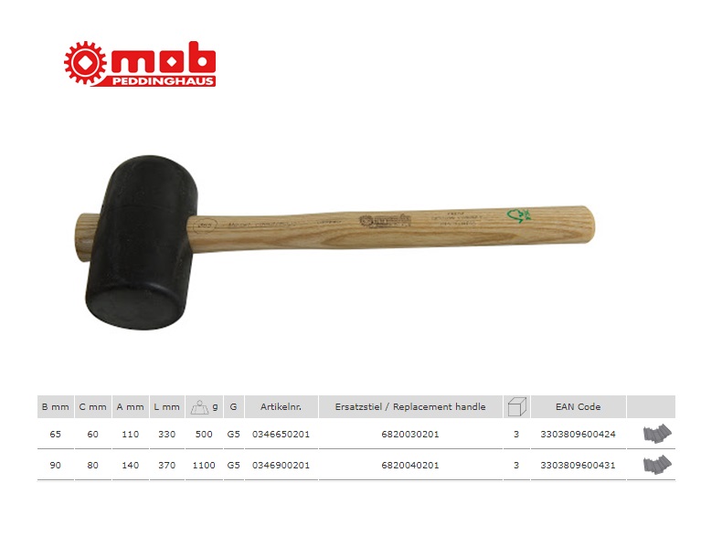 Rubber hamer een kant gebold 90 mm - 1.100 G - met essenhouten steel 90 shore | DKMTools - DKM Tools