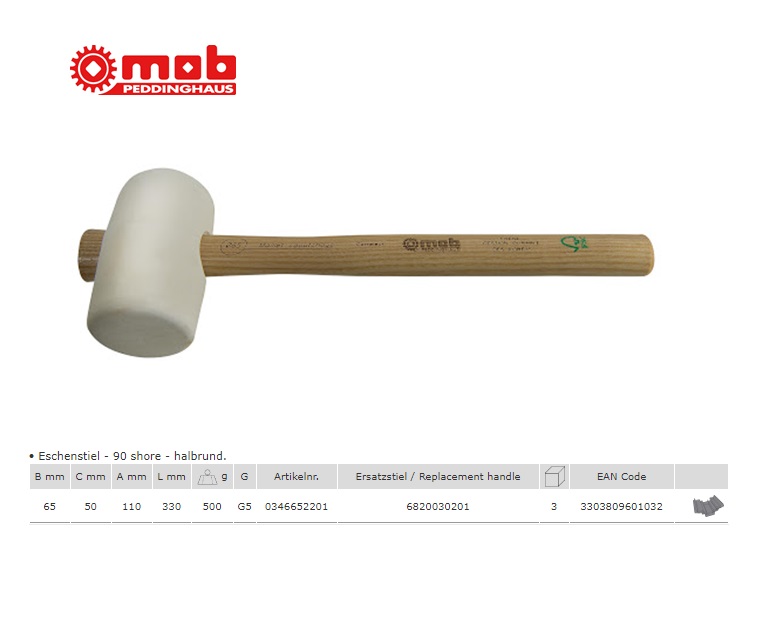 Rubber hamer een kant gebold wit 65 mm - 500 G - met essenhouten steel 90 shore