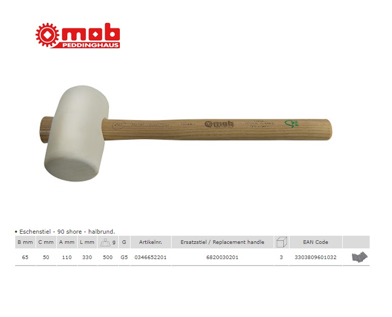 Rubber hamer een kant gebold 90 mm - 1.100 G - met essenhouten steel 90 shore | DKMTools - DKM Tools