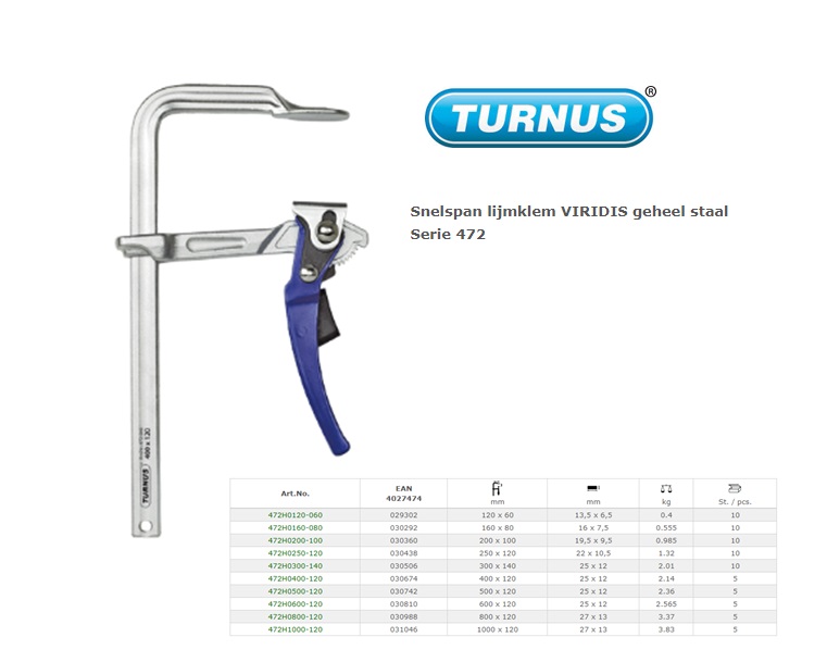 Lijmklem 400x120mm VIRIDIS met gegoten beugels en stalen T-greep | DKMTools - DKM Tools