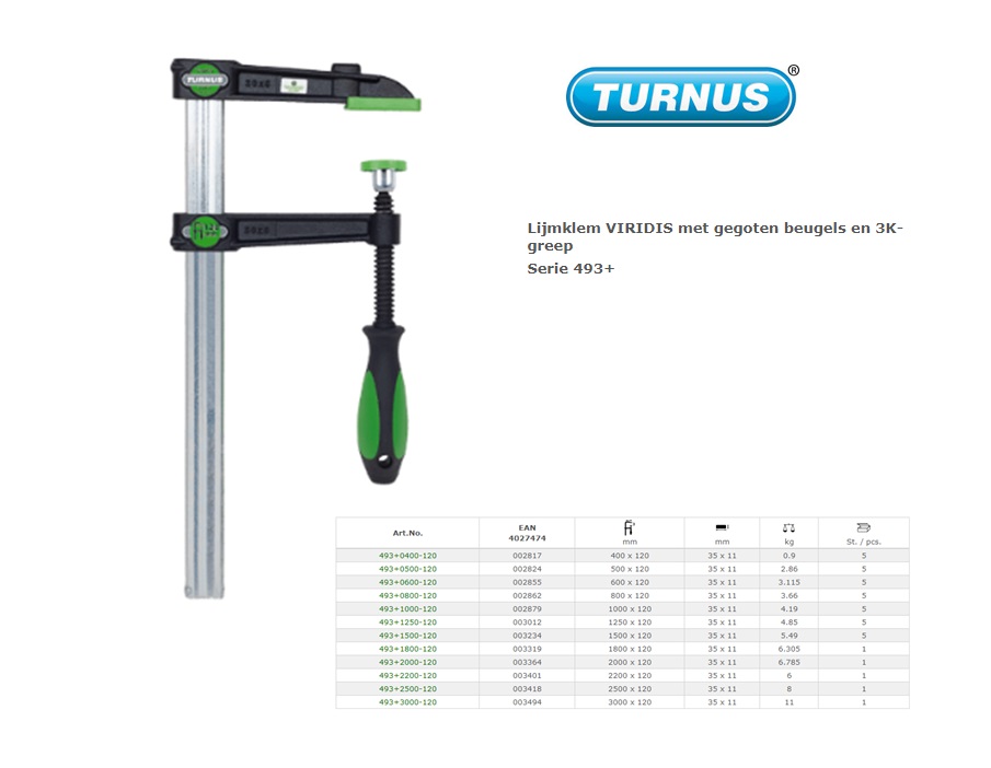 Lijmklem 2500x120mm VIRIDIS met gegoten beugels en stalen T-greep | DKMTools - DKM Tools