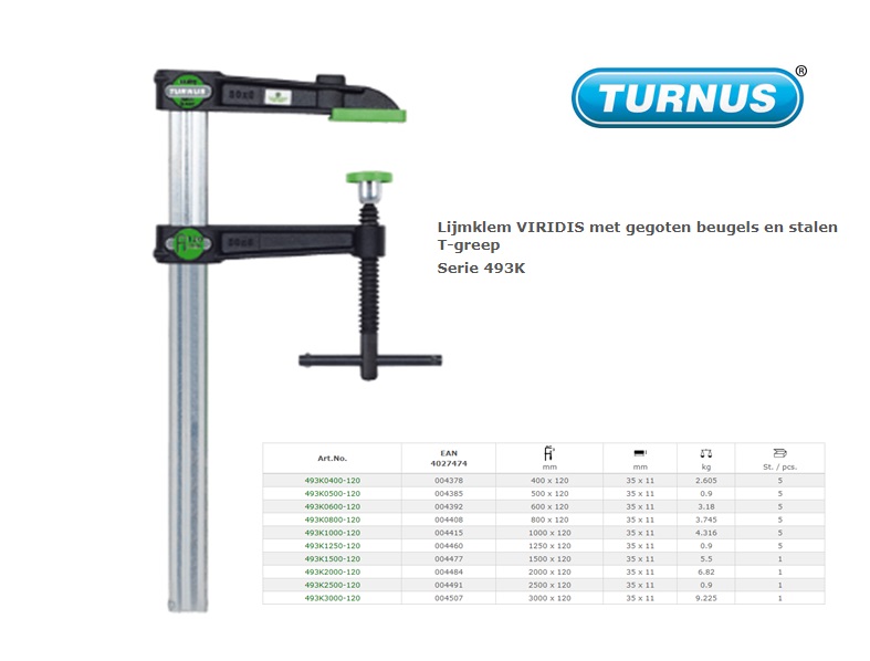 Lijmklem 400x120mm VIRIDIS met gegoten beugels en stalen T-greep