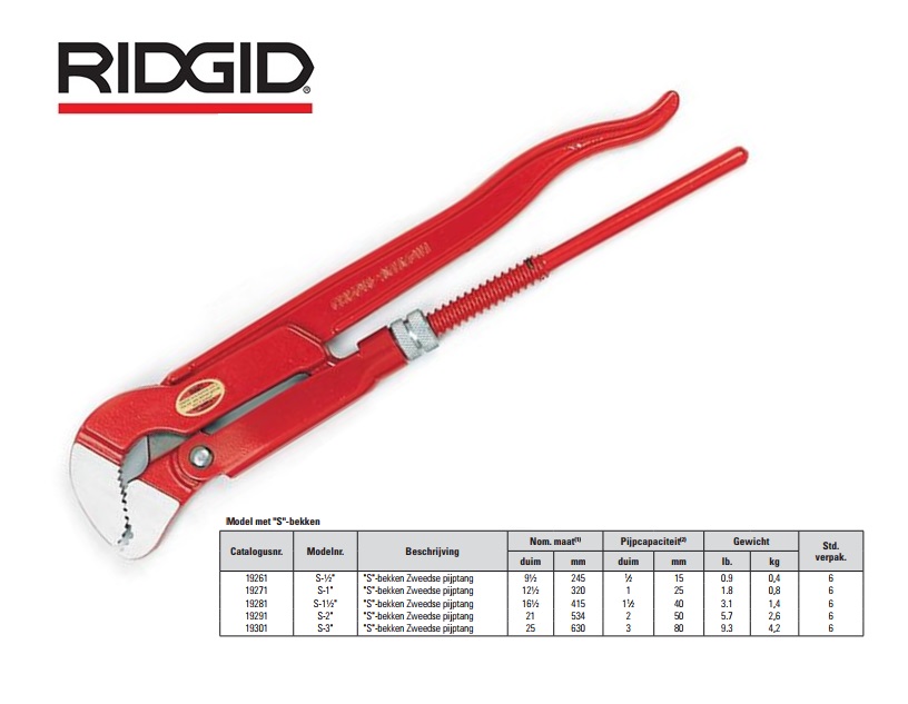 Pijptang S-bek 1/2 - 245mm - tot 35mm 45° Ridgid 19261