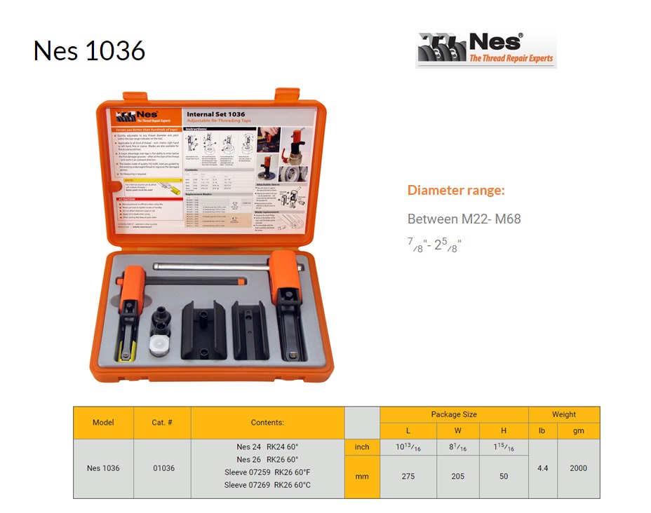 Reparatieset Binnen schroefdraad herstelgereedschap 22-68mm NES 1036