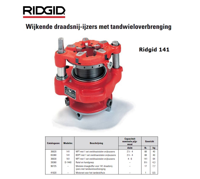 Ridgid 141 Wijkende draadsnij-ijzers met tandwieloverbrenging NPT