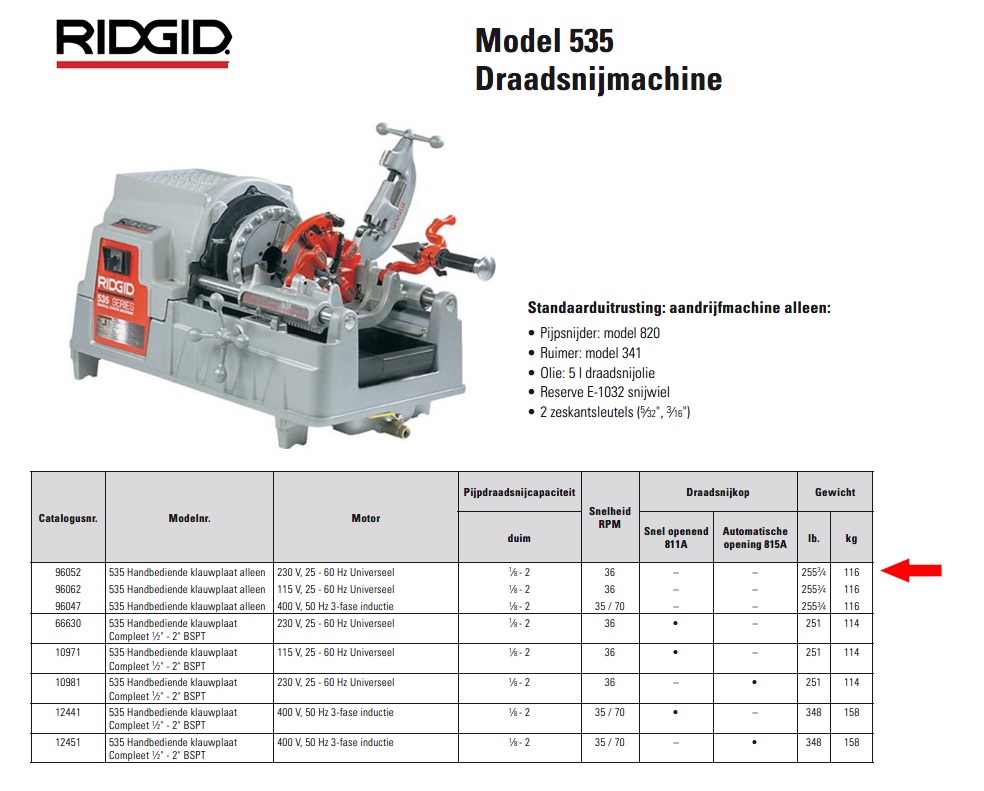 Ridgid 535 Draadsnijmachine 230 V, 25 - 60 Hz alleen 1/8” - 2”