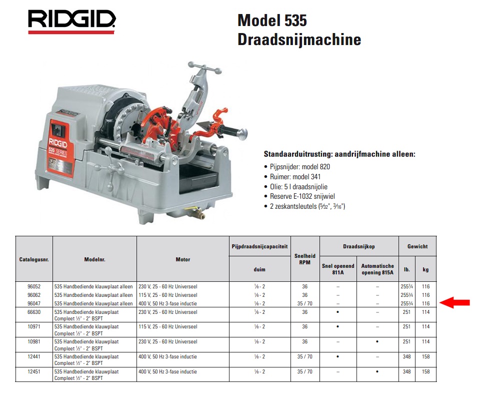 Ridgid 535 Draadsnijmachine 400 V 50HZ 3 PH alleen 1/8” - 2”