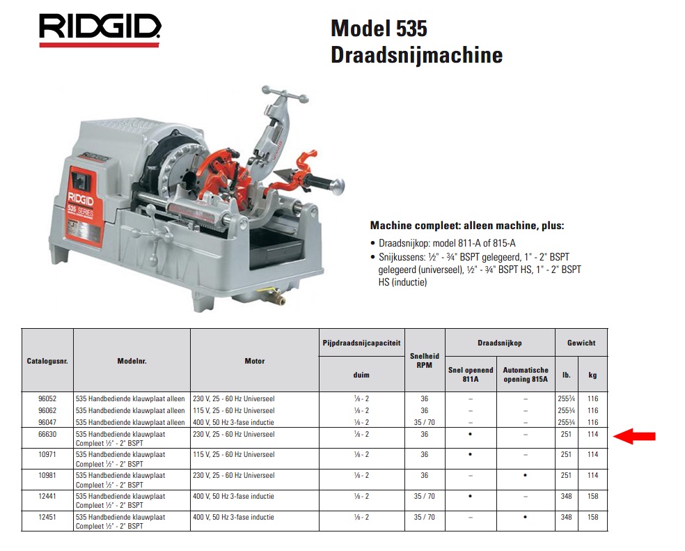 Ridgid 535 Draadsnijmachine 230 V, 25 - 60 Hz compleet 1/8” - 2”