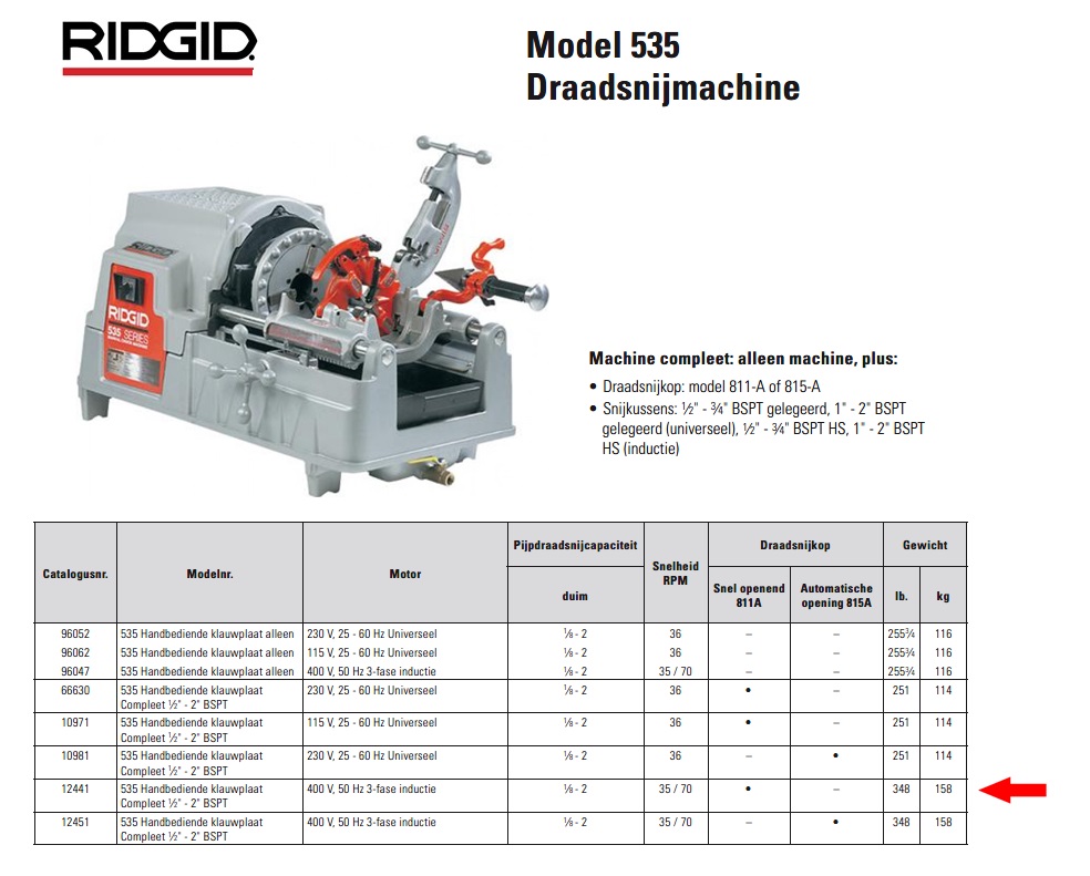 Ridgid 535 Draadsnijmachine 400 V 50HZ 3 PH compleet 1/8” - 2”