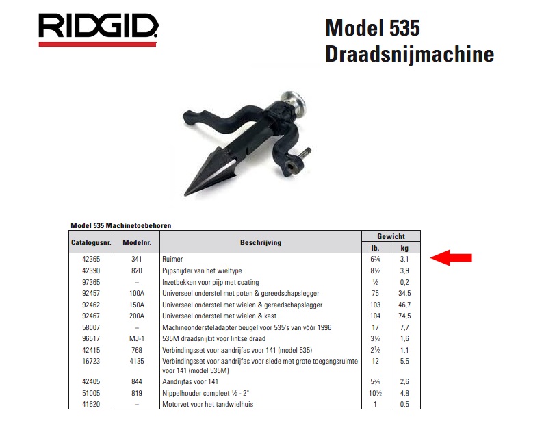 Ridgid 341 Ruimer voor nr. 311 slede met hendel