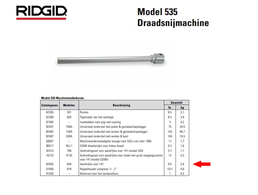 Ridgid 844 Drijfas (300, 535M & oude stijl)