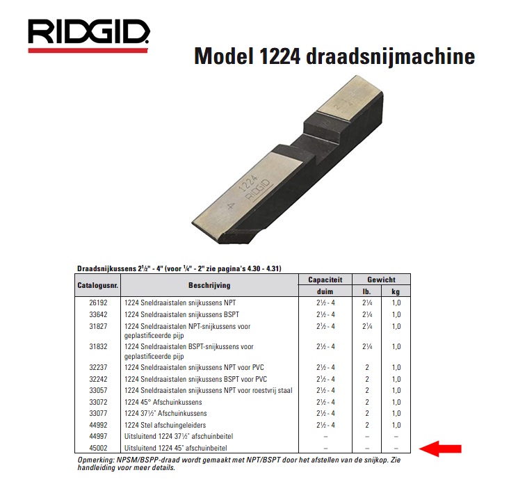 Ridgid 1224 Uitsluitend 45° afschuinbeitel