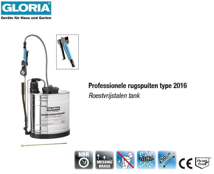 Gloria Rugspuit Roestvrijstaal 2016 - 16 liter