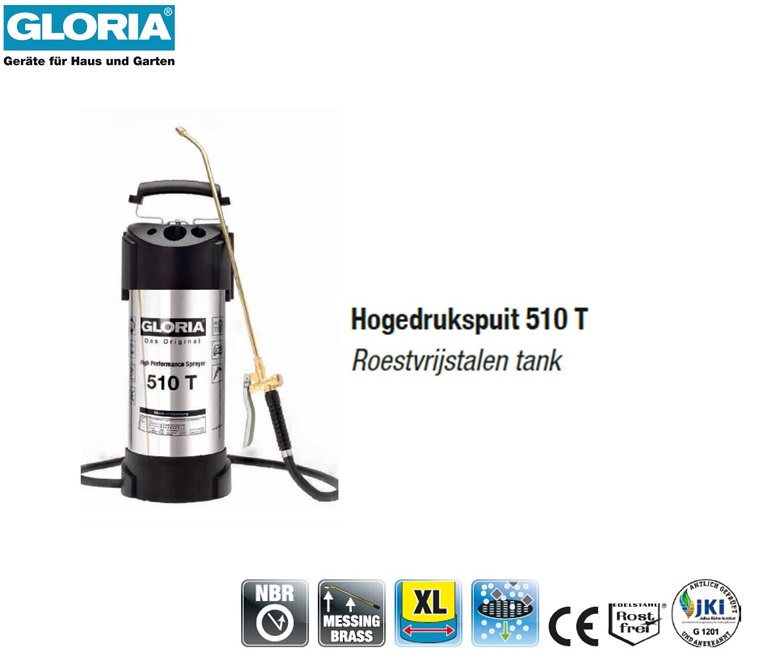 Gloria Hogedrukspuit RVS 6 bar 510T - 10 liter