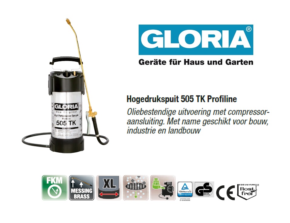 Hogedrukspuit RVS Gloria 510T Profiline - 10 liter | DKMTools - DKM Tools