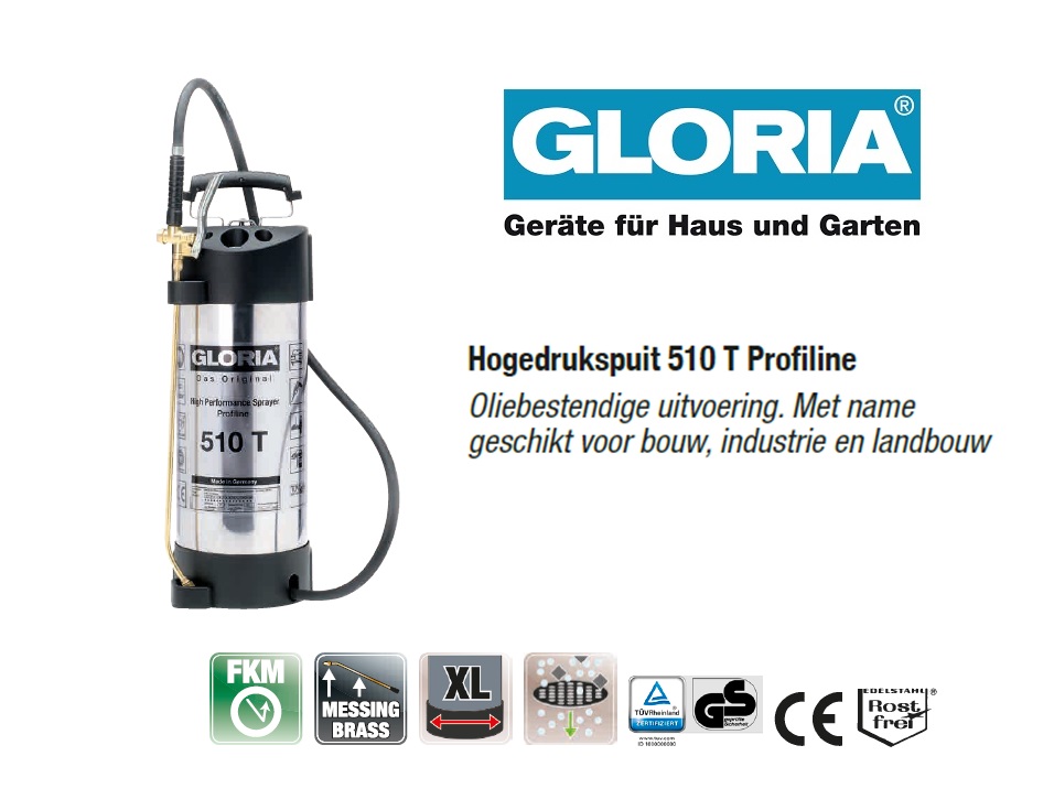 Hogedrukspuit RVS Gloria 510TK Profiline - 10 liter | DKMTools - DKM Tools