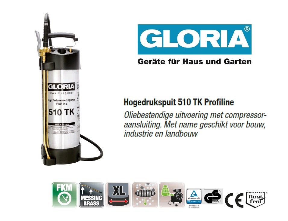 Hogedrukspuit RVS Gloria 510TK Profiline - 10 liter