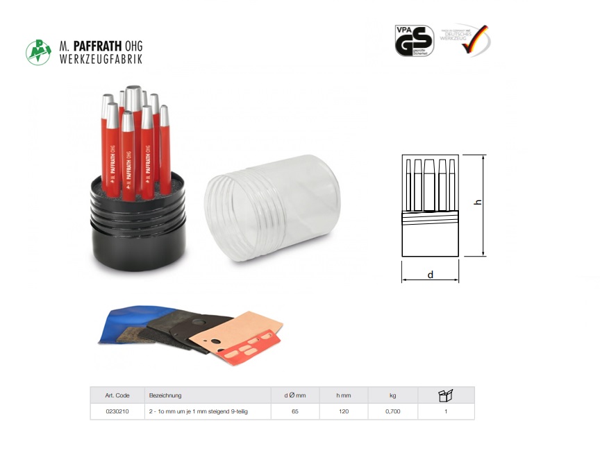 Ronde ponsset, 9-delig in kunststoffen doos 2 - 10 mm