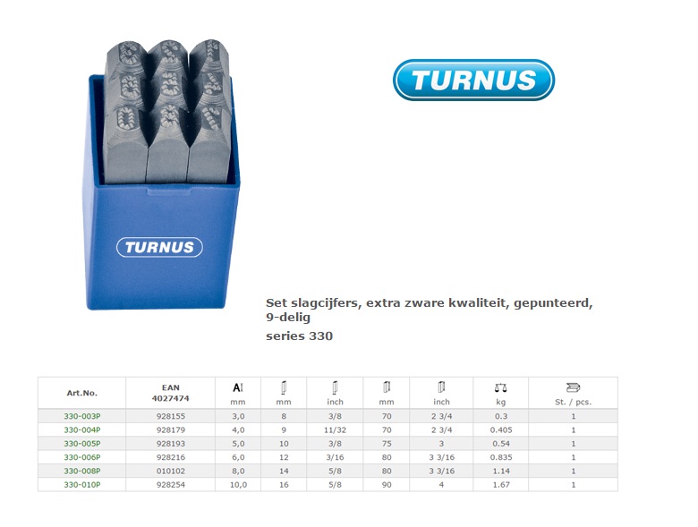 Slagcijfers Set 3,0mm, extra zware kwaliteit, gepunteerd, 9-delig