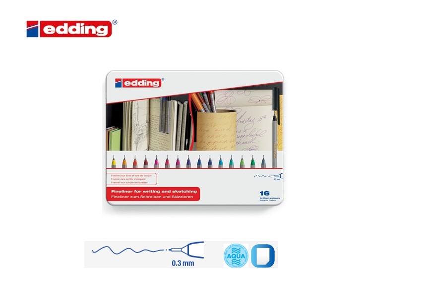 Edding 55 fineliner metalen doos van 16 assorti