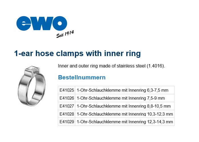 Slangklem 1-Ohr met binnenring W3 6.3–7.5 mm