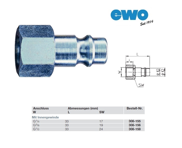 Insteeknippel NW 7,2 G 1/4 met Binneschroefdraad nickel-plated