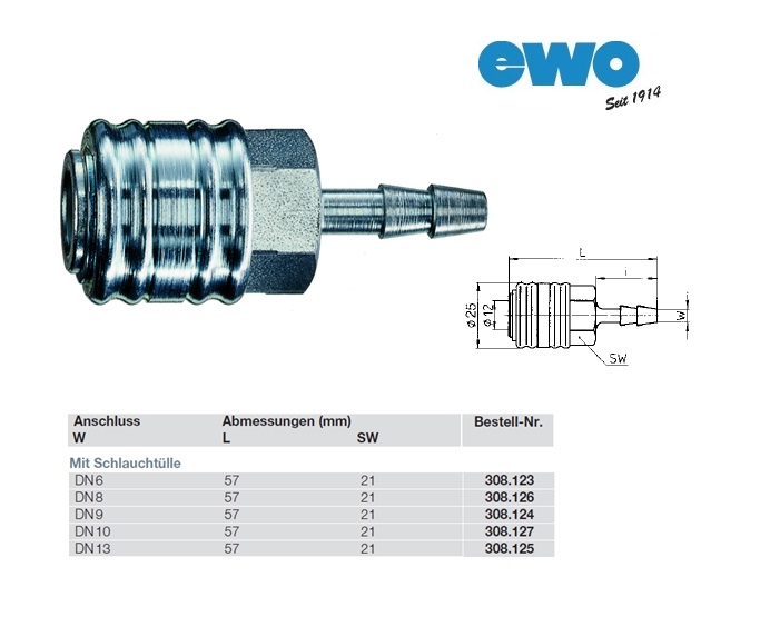 Snelkoppeling nickel-plated NW 7,2 LW6 met slangaansluiting