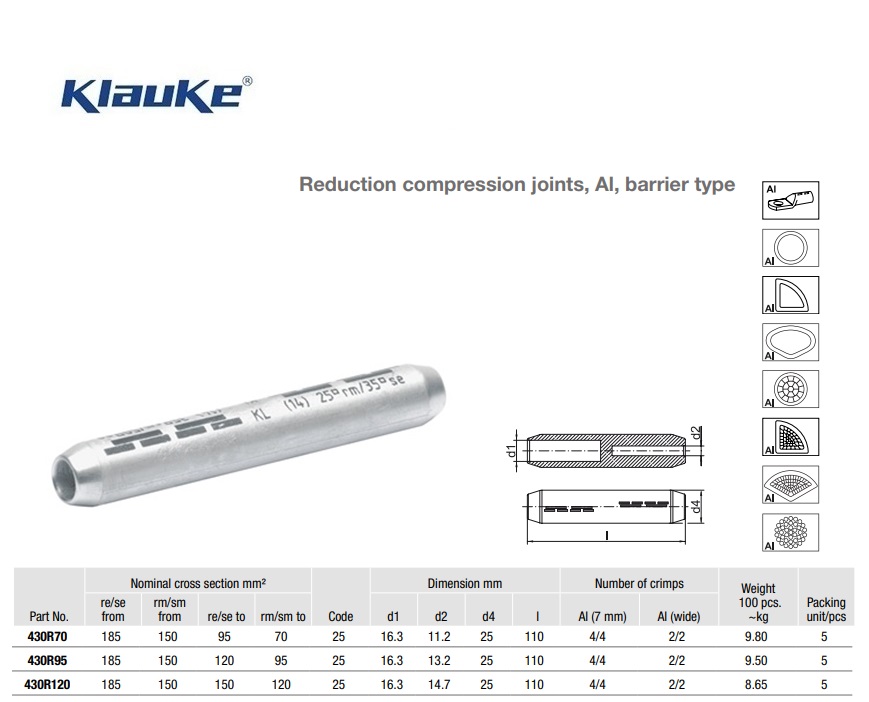 Reduceerverbinder Aluminium oliestop 150 qmm 430R/70