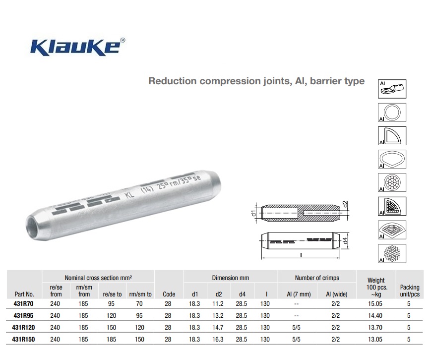 Reduceerverbinder Aluminium oliestop 185 qmm 431R/70