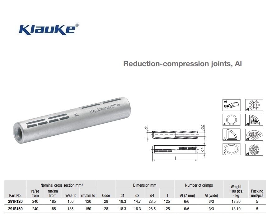 Reduceerverbinder Aluminium 185 qmm 291R/120