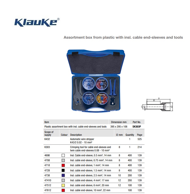 Assortimentsdoos plastic met geïsoleerde adereindhulzen en gereedschap SK303P