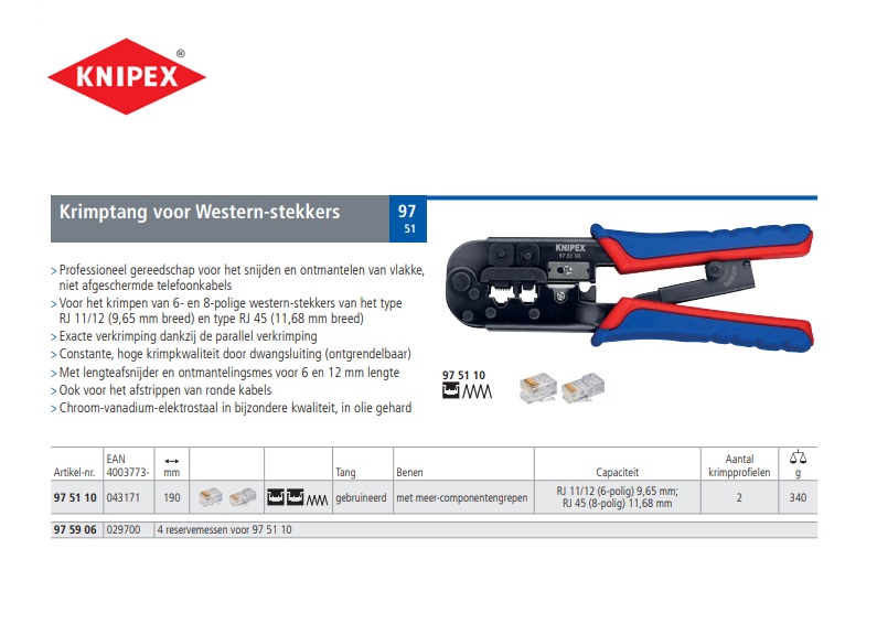 Knipex Krimptang Modulaire stekker western RJ11/12/45