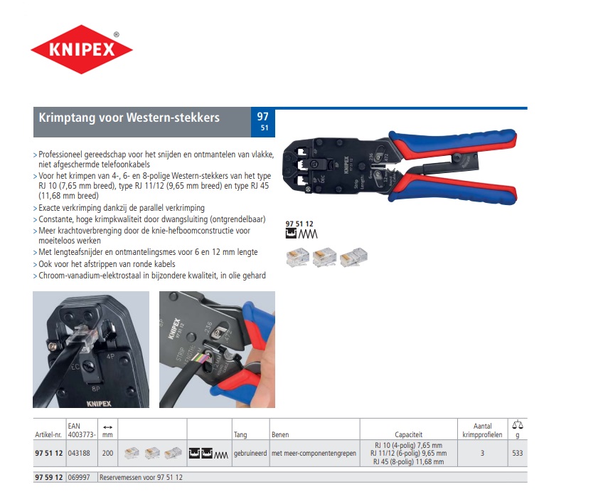 Knipex Krimptang Modulaire stekker western RJ11/12/45 | DKMTools - DKM Tools