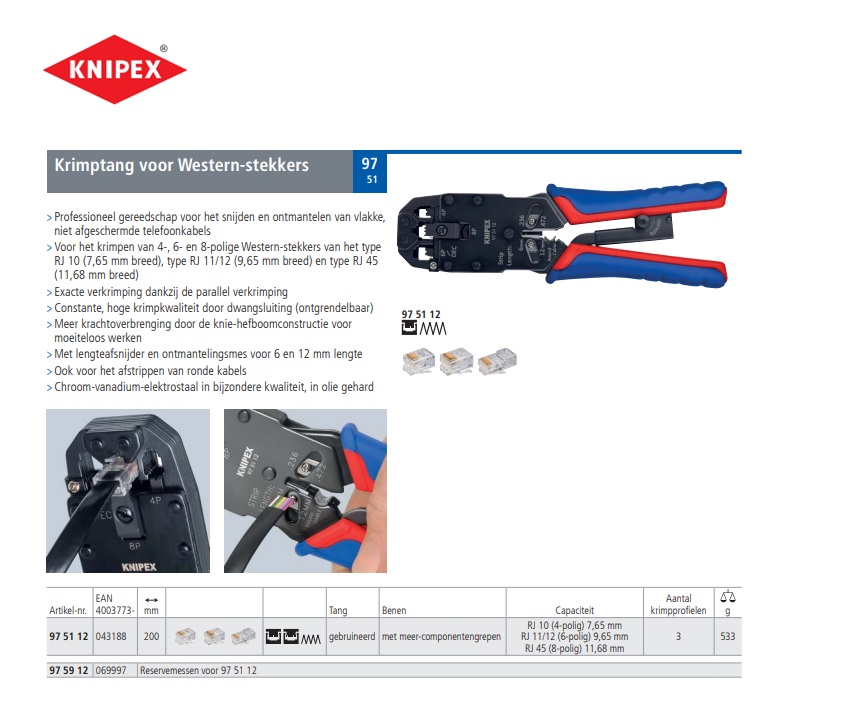 Knipex Krimptang Modulaire stekker western RJ10/11/12/45