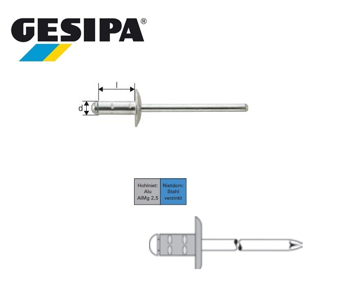Gesipa Polygrip 4.8x10mm Plat bolkop aluminium-staal 0,5 - 6,5 | DKMTools - DKM Tools