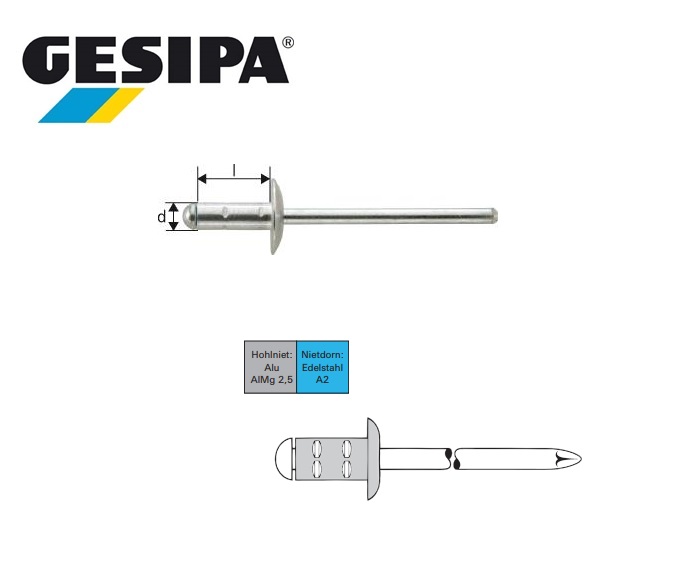 Gesipa Polygrip 4 x10mm Plat bolkop aluminium-INOX