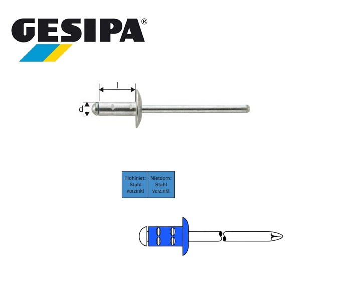 Gesipa Polygrip 4 x10mm staal/staal Plat bolkop 1.5 - 6.5mm