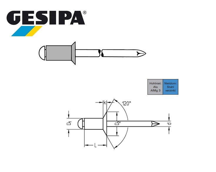 Gesipa standaard blindklinknagels met verzonken kop 3x6mm 1,5-3,5mm