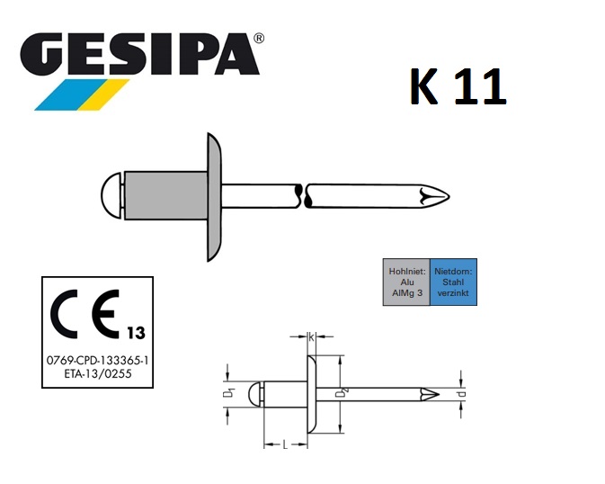 Gesipa Blindklinknagel alu-staal K11 5 x10mm 4,5-6,0mm