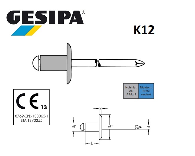 Gesipa Blindklinknagel alu-staal K12 4 x 6mm 1.5 - 3.0mm