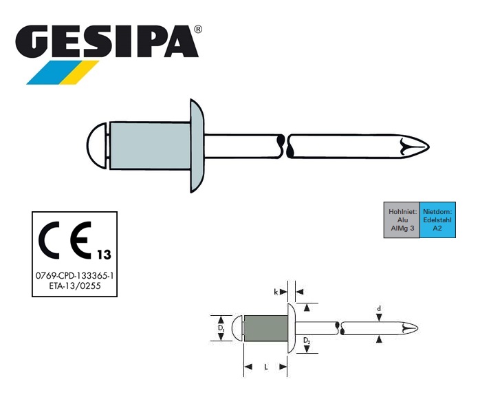 Gesipa Blindklinknagel alu-INOX platbol 3 x 6mm 1.5 - 3.5mm