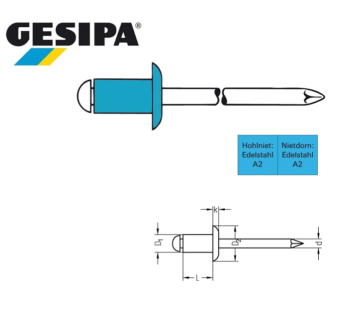 Gesipa Blindklinknagel INOX-INOX platbol 3 x 6mm 1.0 - 3.0mm