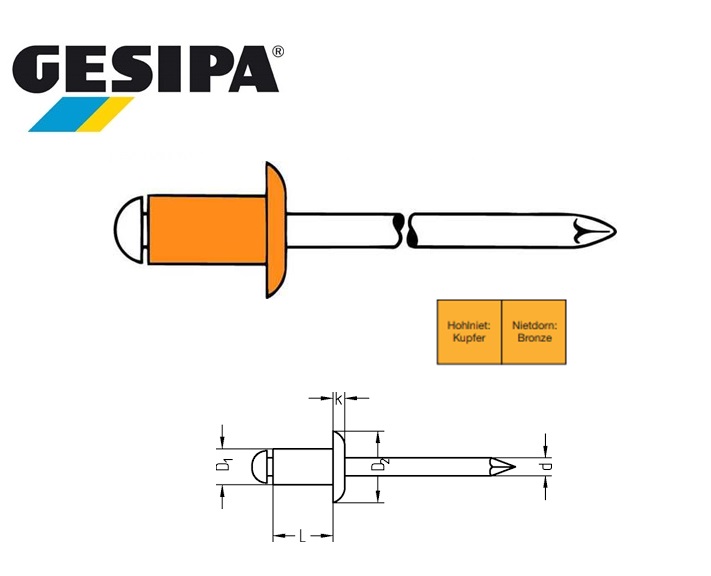 Gesipa Blindklinknagel koper-brons platbol 3x8mm 3.0 - 5.0mm