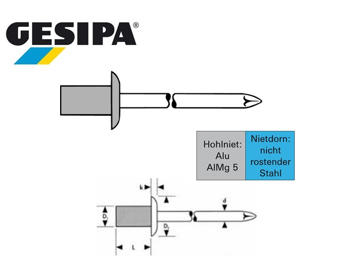 Gas- en vloeistof dichte blindklinknagelnagel alu-Inox 3.2x6.5 0.5 - 2.0mm