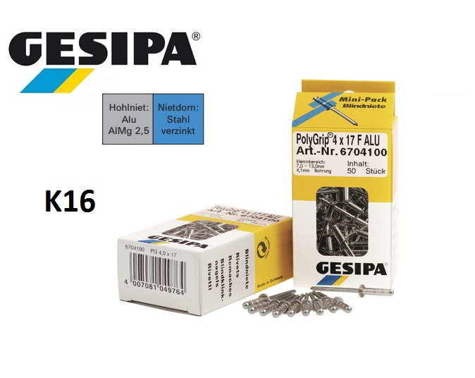 Gesipa PolyGrip multigrip Mini pack alu-staal 4.8x10 0.5 - 6.5mm grote kop K 16 á 25pc
