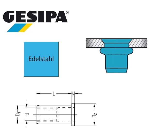 Gesipa blindklinkmoer verzonken kop 90gr Inox M 4x6x12mm /1.5 - 3.0mm