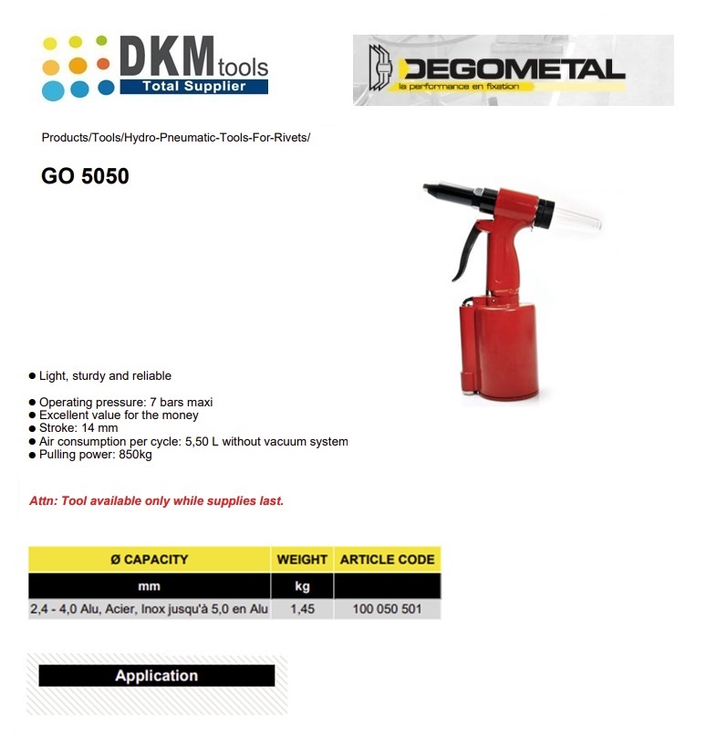 Hydropneumatische blindklinknageltang GO 180C  X  mm 2,4-5,0  Alu - Staal, Roestvrijstaal | DKMTools - DKM Tools